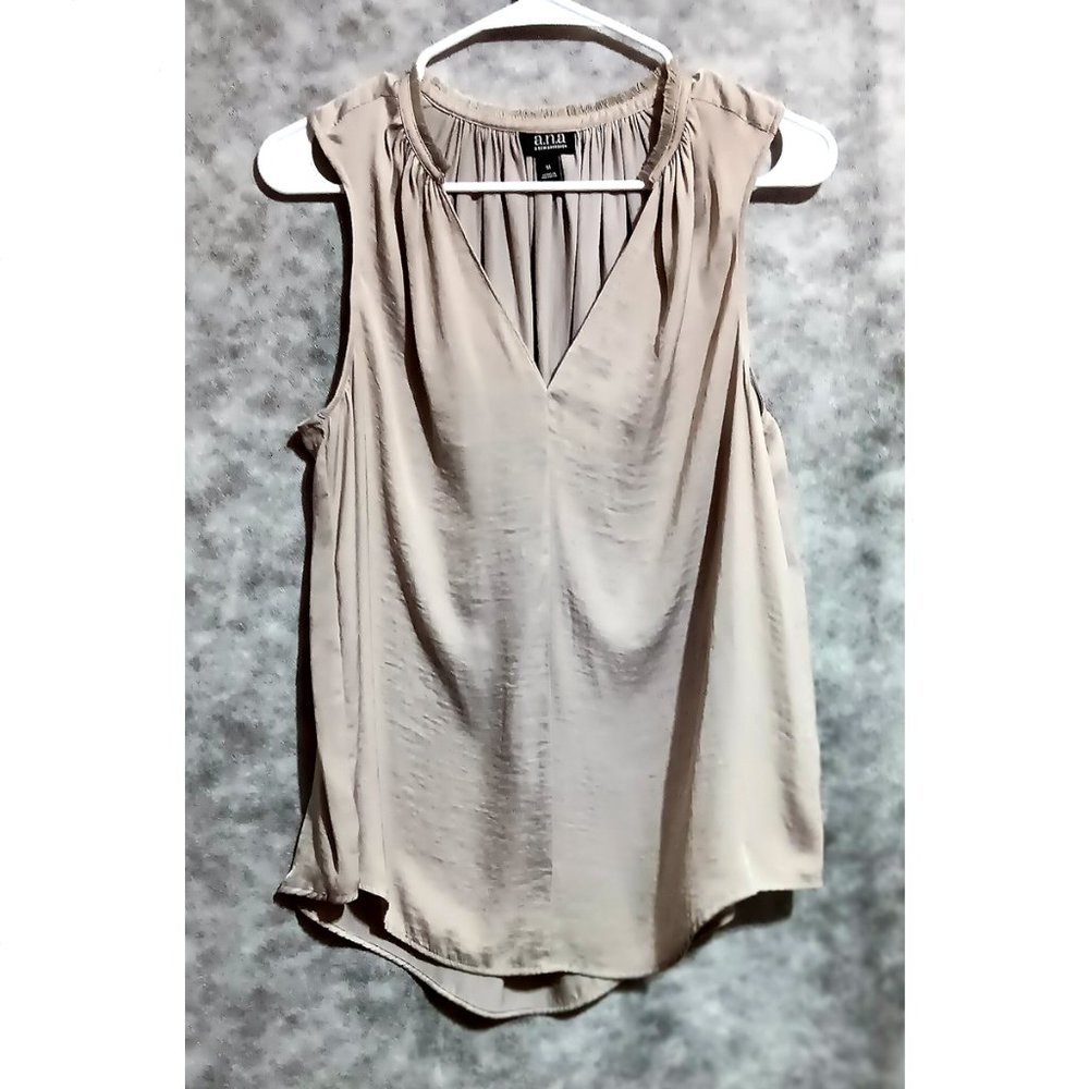 A.N.A. silky sleeveless top Wmn's Sz M - neckline fringe hi-lo